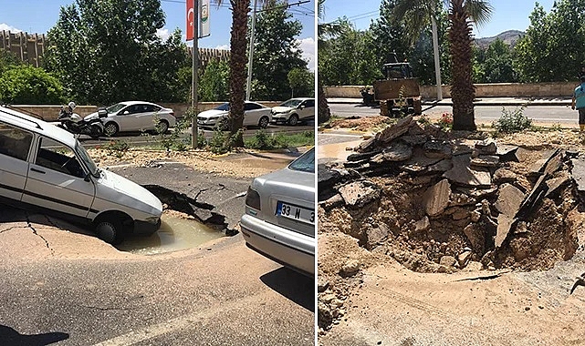 Haleplibahçe'de yol çöktü! Araç zarar gördü