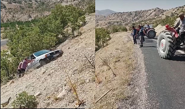 Şarampole uçan otomobil, traktör ile çekilerek çıkarıldı