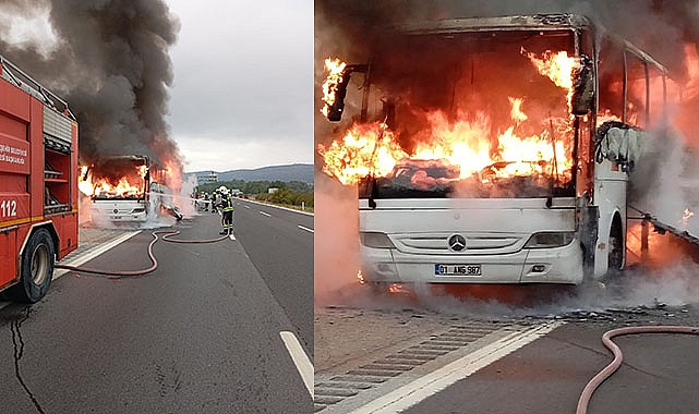 Yolcu otobüsü otoyolda alev alev yandı